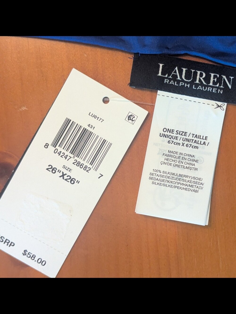 Lauren Ralph Lauren 100% Silk Scarf 26" X 26" NWT